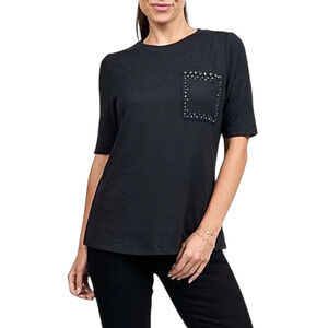 DG2 Women's Embellished Brushed Sweater Knit Short Slv Top Black - Regular